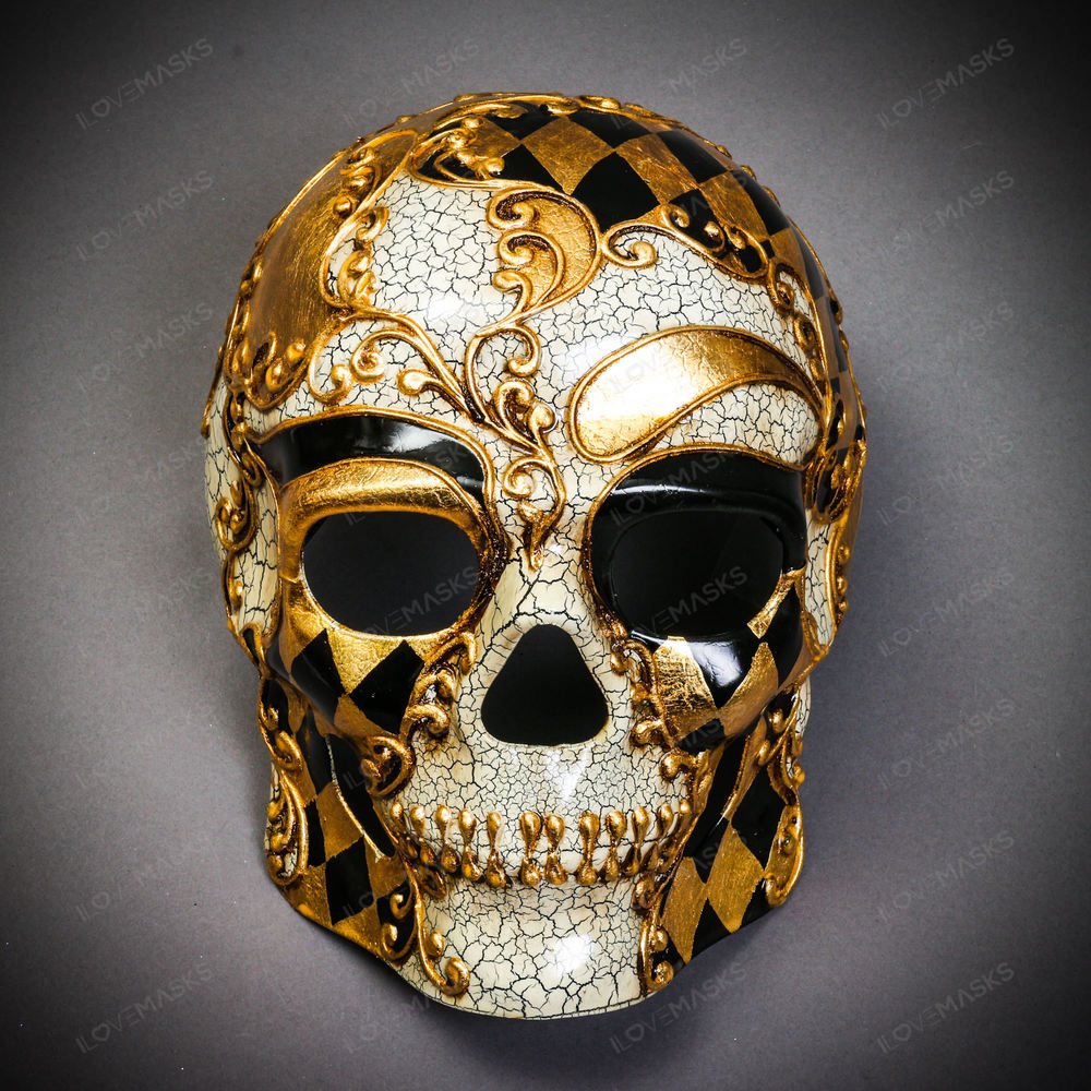 Venetian Mardi Gras Skull Full Face Mask - Black Gold